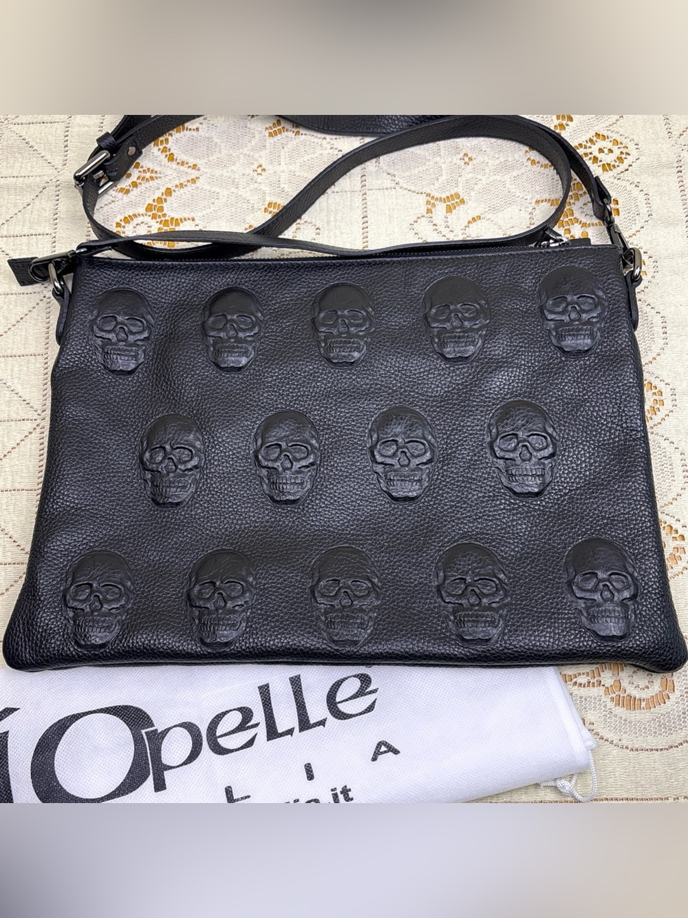 NWOT IO Pelle Skull Embossed Italian Leather Crossbody Bag 14” X 10”